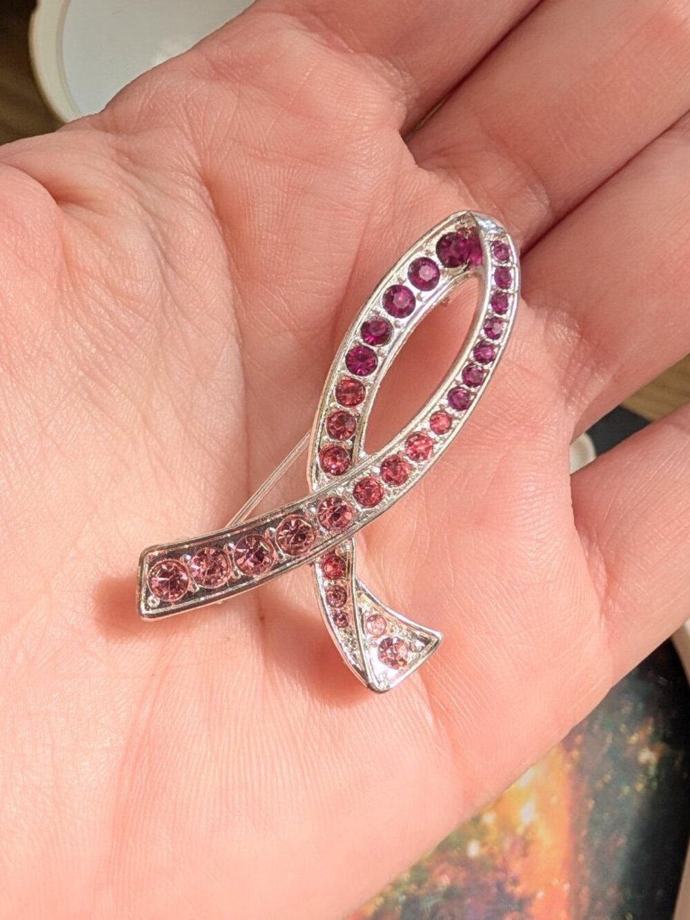 Vintage Pink Rhinestone Ribbon Brooch - Picture 2 of 5